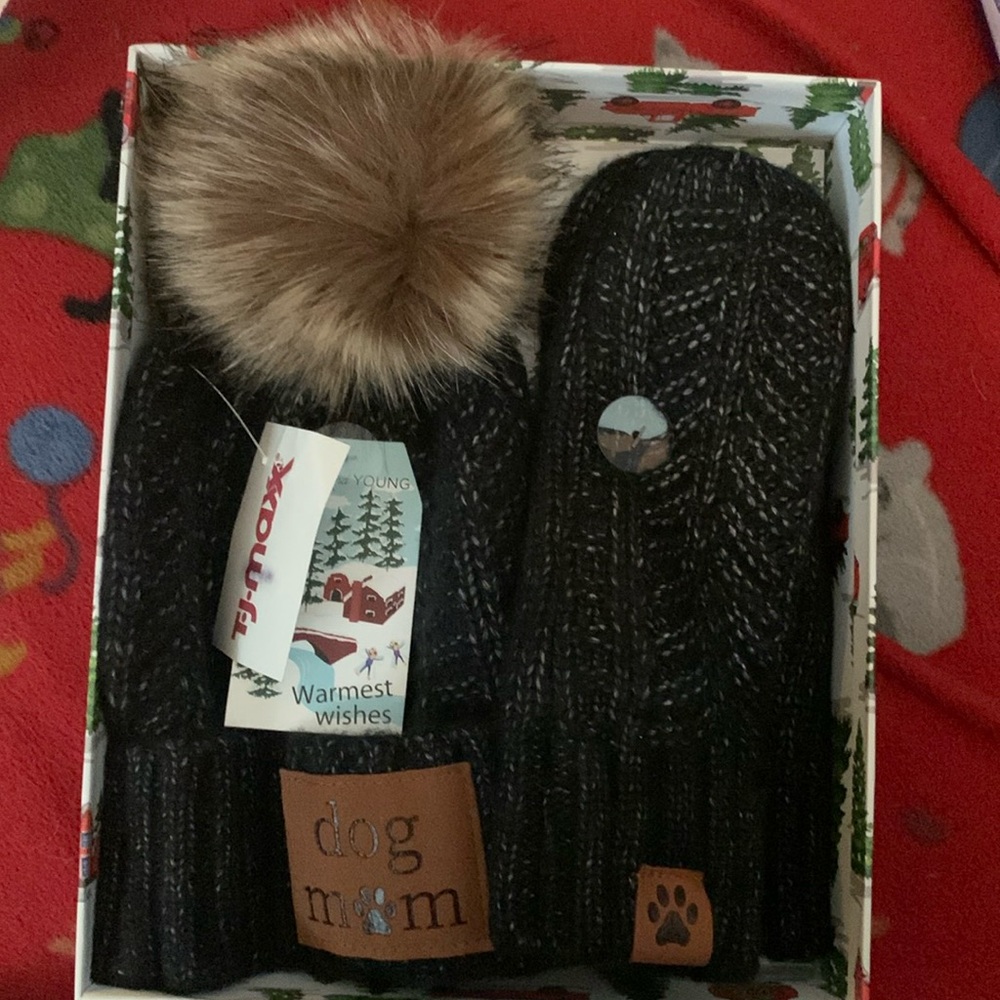 🐕 NWT Dog Mom Hat & Mitten set
Black & white oatmeal style
Fluff Ball faux fur